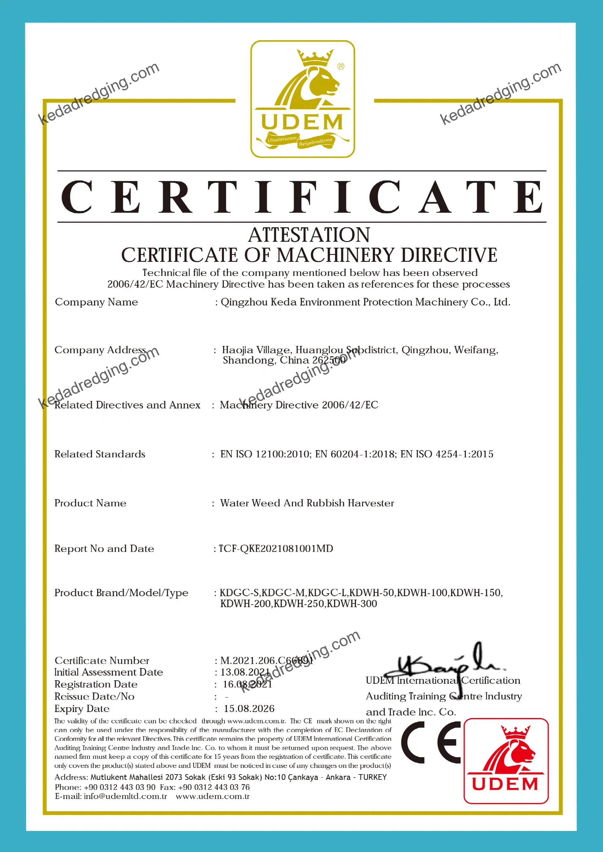 Certificate of centrifugal mineral processing machine